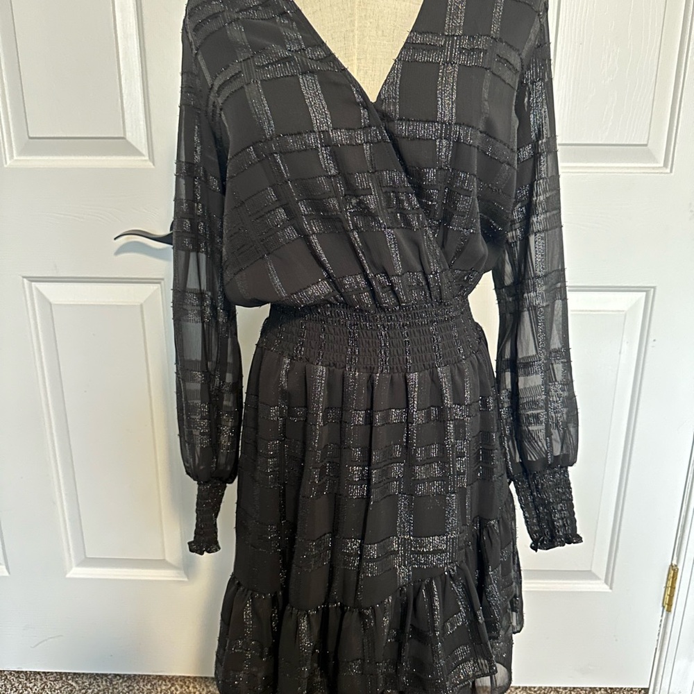 Michael Kors Black Metallic Grid Long-Sleeve Smocked-Waist Dress